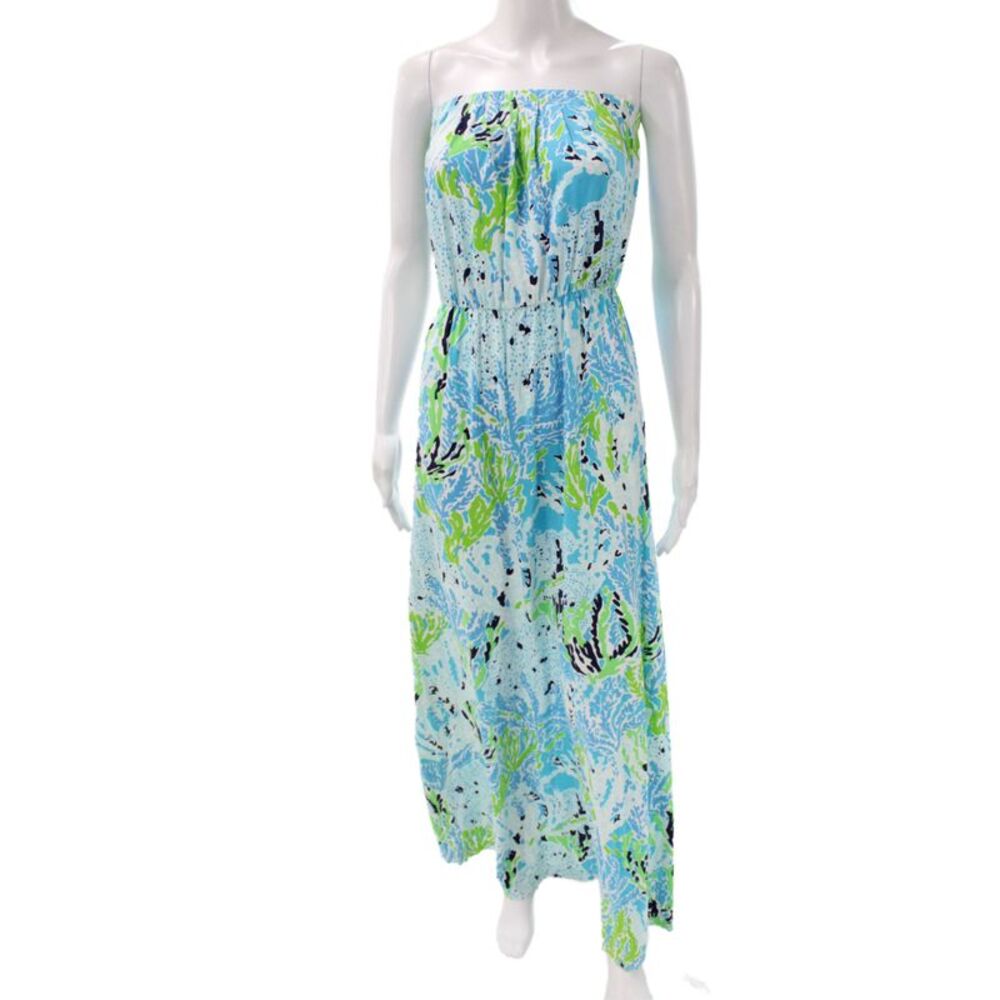 Lilly Pulitzer Womens Maxi Dress Blue Floral Off Shoulder Knit Sleeveless Size S